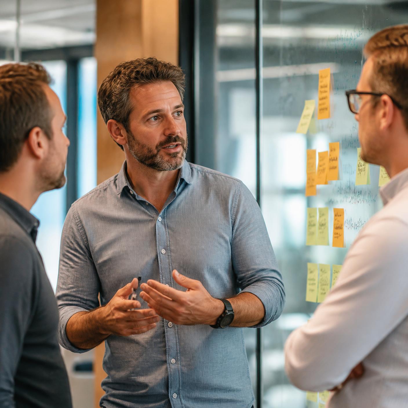 Agile Coach in gesprek met teamleden bij een bord met post-its